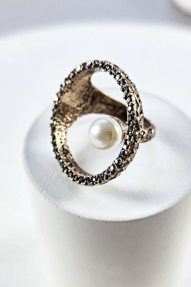 Lunaire İncili Bronz Küpe Yüzük Set