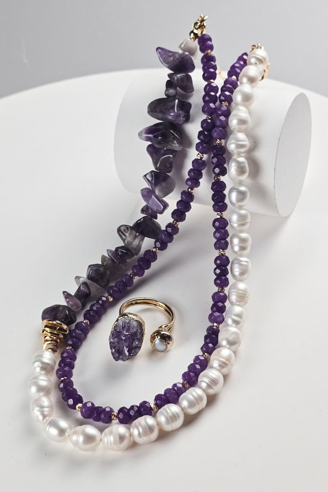 İncili Ametist Çift Sıra Kolye (6.ve7.Çakra / Üçüncü Göz ve Tepe Çakrası )