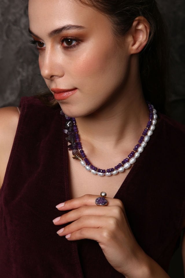 Ruhun Işıltısı İncili Ametist Kolye Yüzük Set (6.ve7.Çakra / Üçüncü Göz ve Tepe Çakrası )