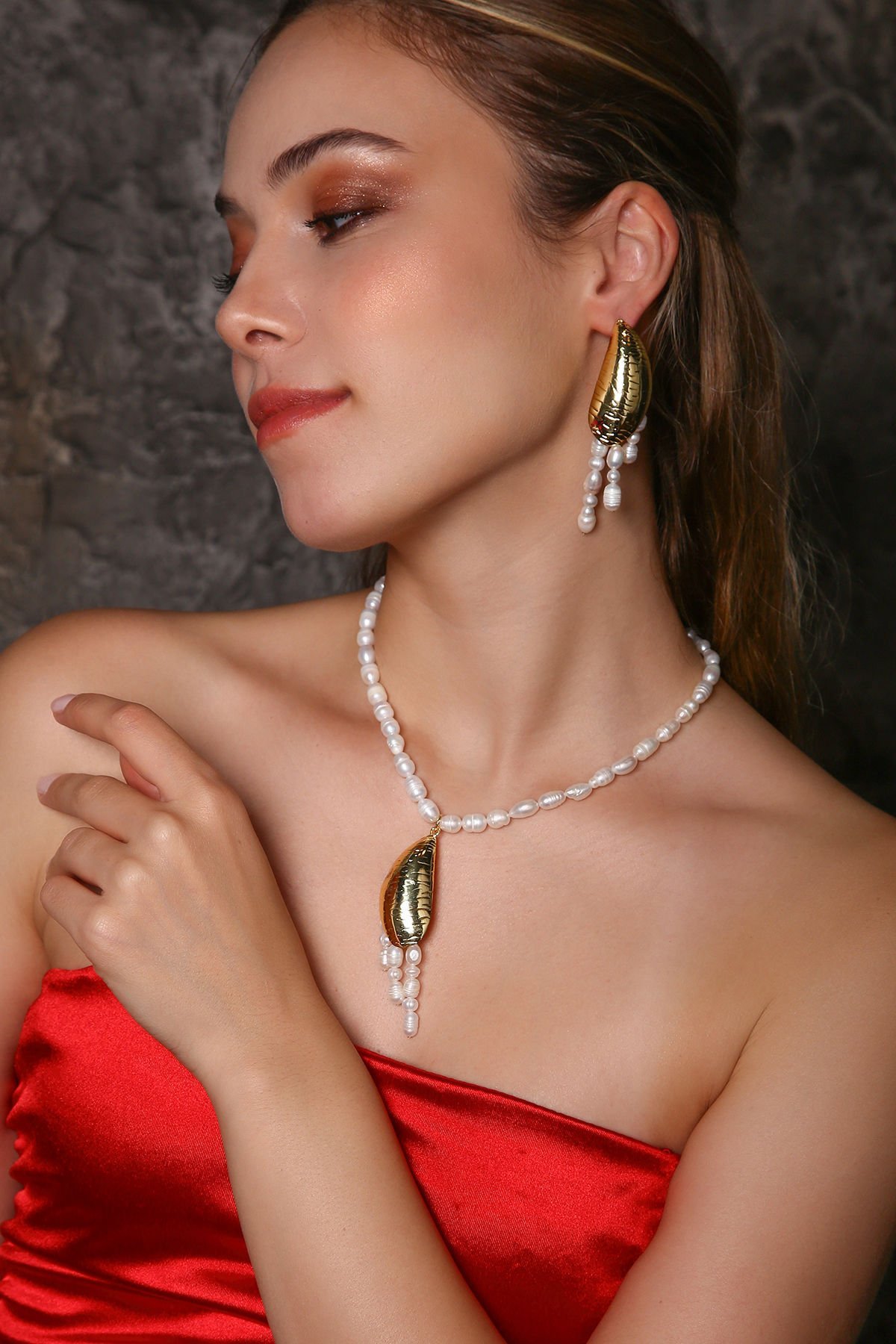 Oyster İncili Kolye Küpe Set