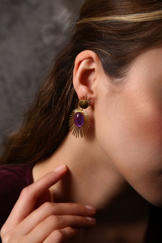 Mor Taç Ametist Küpe