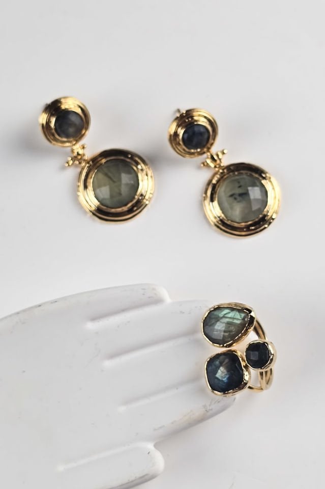 Luna Labradorit Küpe Yüzük Set