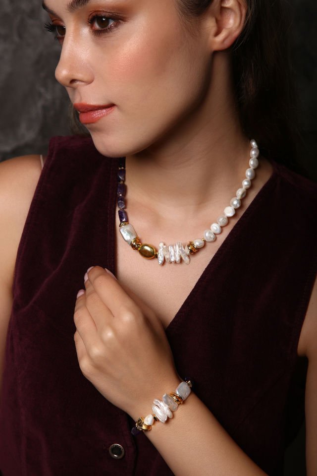 Golden Harmony Ametist İncili Kolye (6.ve7.Çakra / Üçüncü Göz ve Tepe Çakrası )