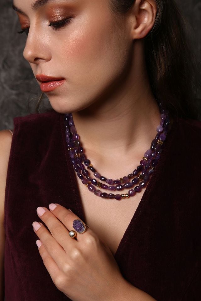 Üç Sıra Ametist Kolye (6.ve7.Çakra / Üçüncü Göz ve Tepe Çakrası )