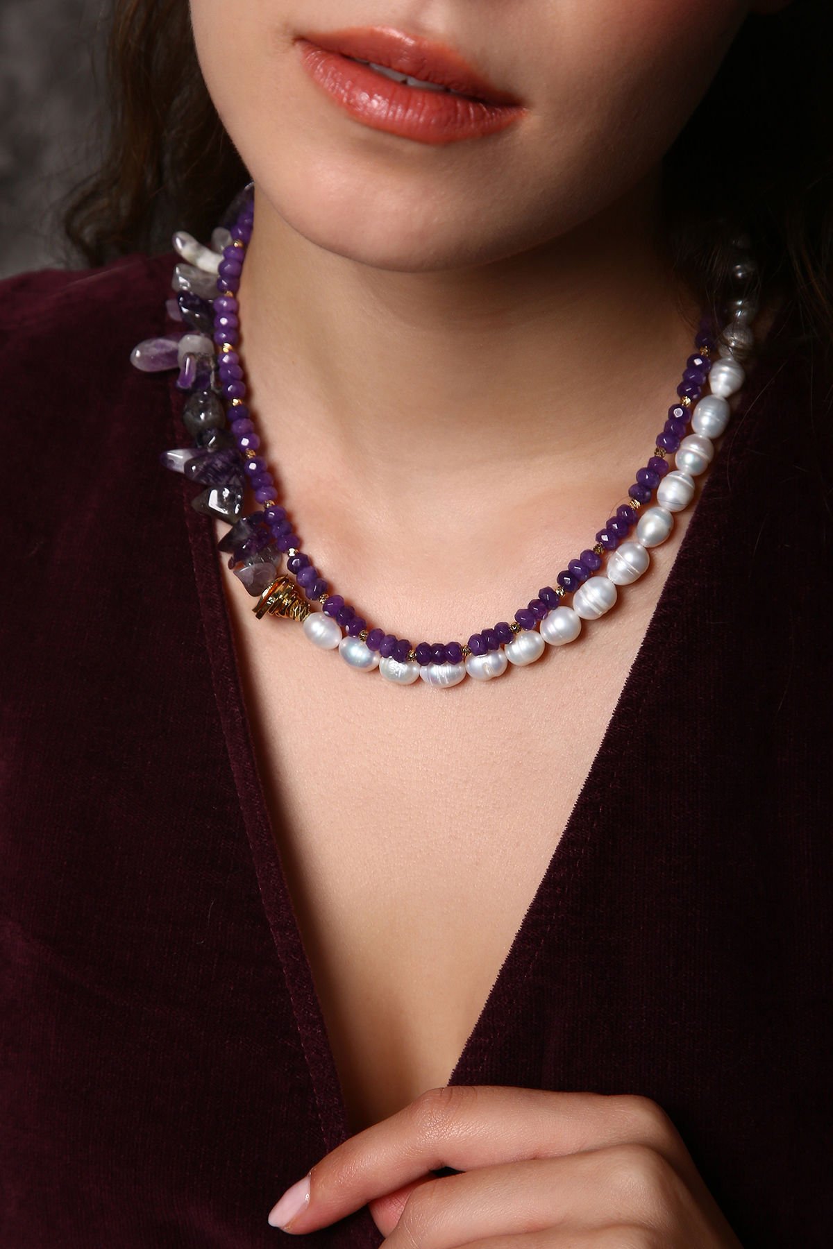 Ruhun Işıltısı İncili Ametist Kolye (6.ve7.Çakra / Üçüncü Göz ve Tepe Çakrası )