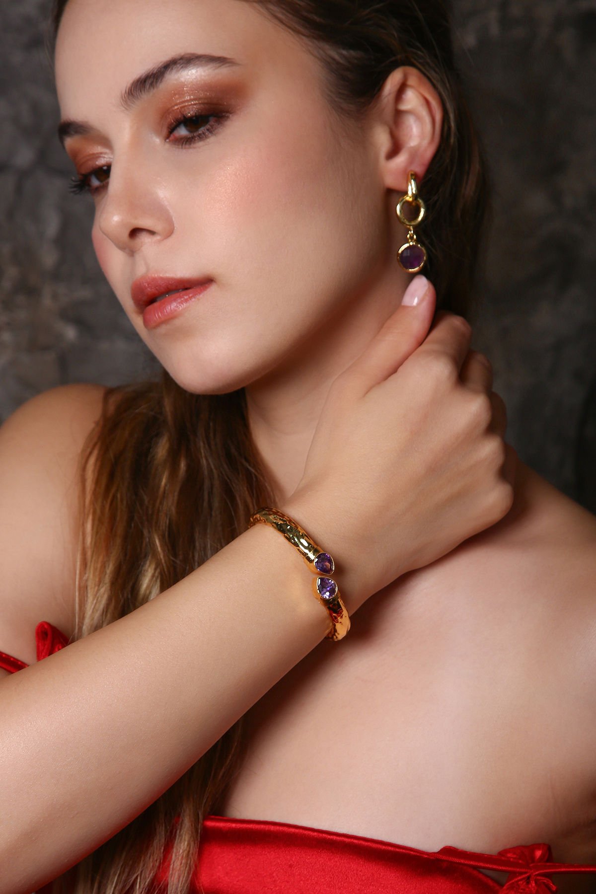 Lila Aurra Ametist Küpe Bileklik Set (6.ve7.Çakra / Üçüncü Göz ve Tepe Çakrası )