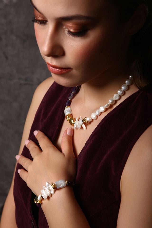 Golden Harmony Ametist İncili Bileklik (6.ve7.Çakra / Üçüncü Göz ve Tepe Çakrası )(Kopya)