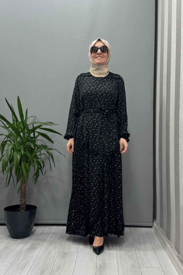 Misswhence Çiçek Desenli Viscon Elbise Siyah 37813