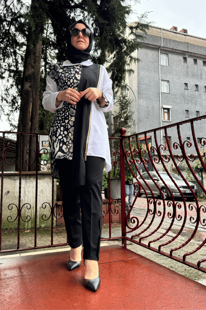 Ghisa Fermuar Ve Çıtçıt Detaylı Gömlek Siyah-Beyaz 5KGSTNK4799