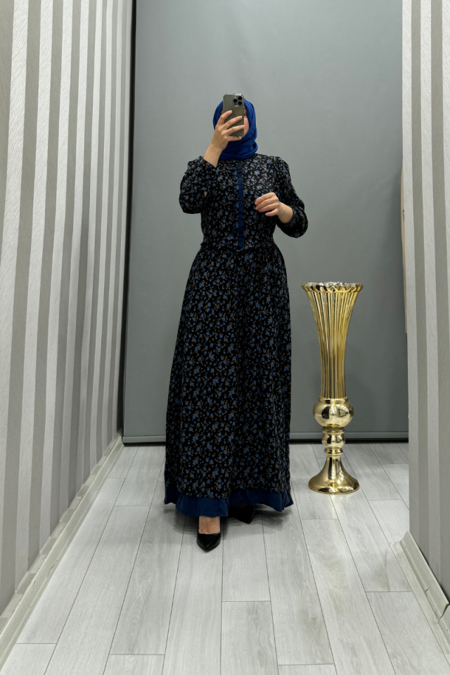 MissWhence Button Detailed Patterned Silk Dress Blue 35819