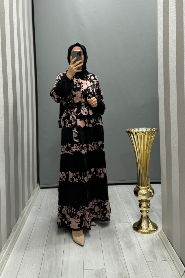 Misswhence Patterned Silk Dress Black-Powder 35809