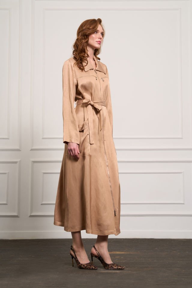 Misswhence Cep ve Fermuar Detaylı Chanel Keten Pardesü Camel 37515