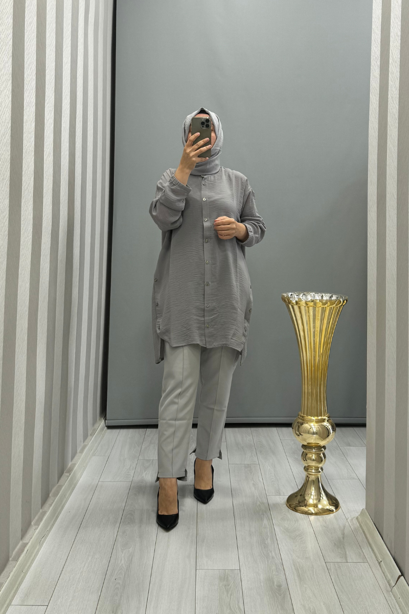 İnvee Düğme Detaylı Caz Tunik Gri 6941