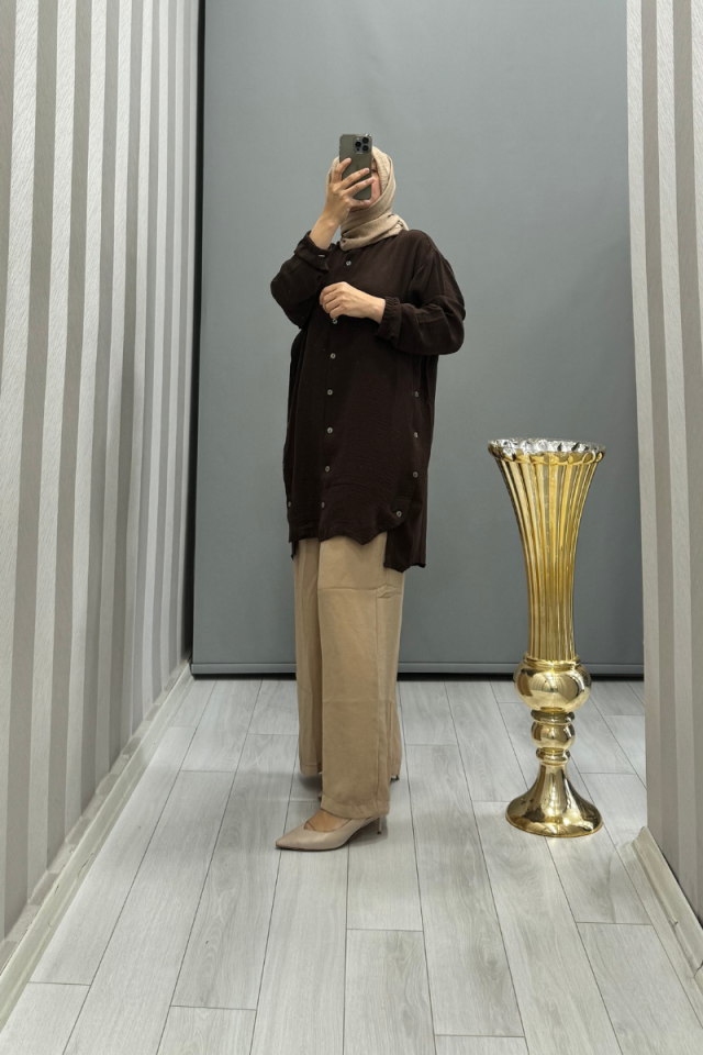 İnvee Düğme Detaylı Caz Tunik Kahve 6941