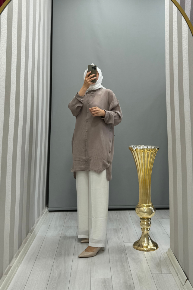 İnvee Düğme Detaylı Caz Tunik Vizon 6941