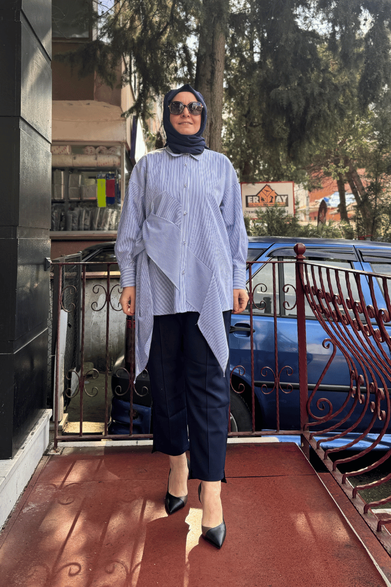 Ghisa Gömlek Yaka Çizgili Tunik Koyu Mavi 25YGSTNK4627