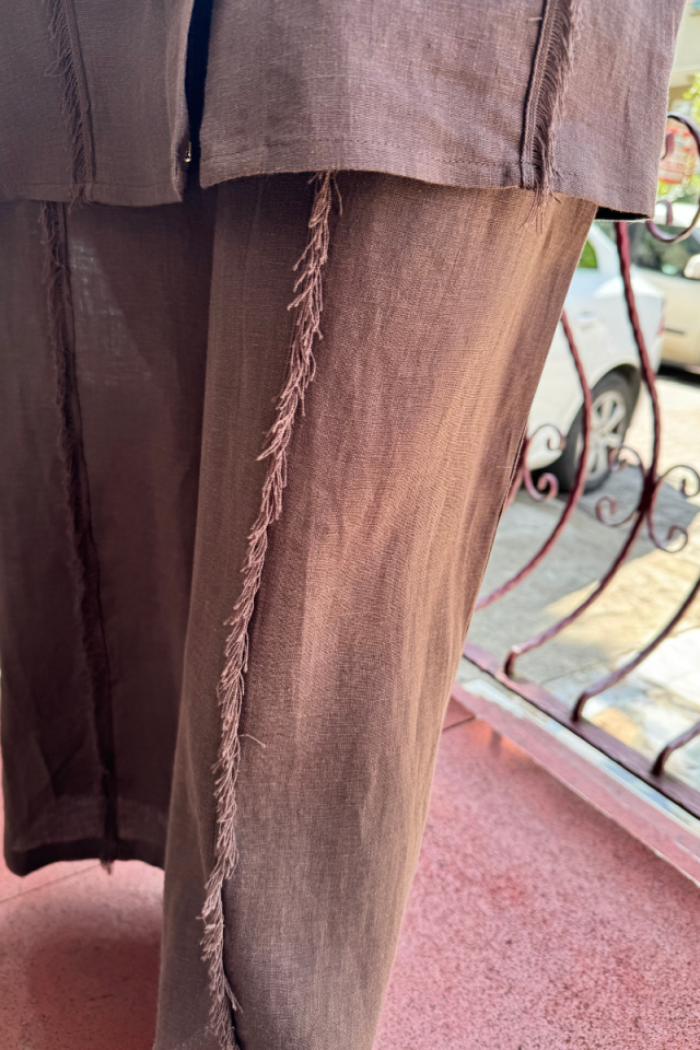 Miss Dalida Tassel Detailed Wide Leg Linen Trousers Brown T24Y-7011