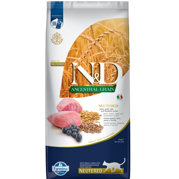 N&D Ancestral Grain Kuzu Etli ve Yaban Mersinli Ata Tahıllı Kısırlaştırılmış Kedi Maması 10 Kg