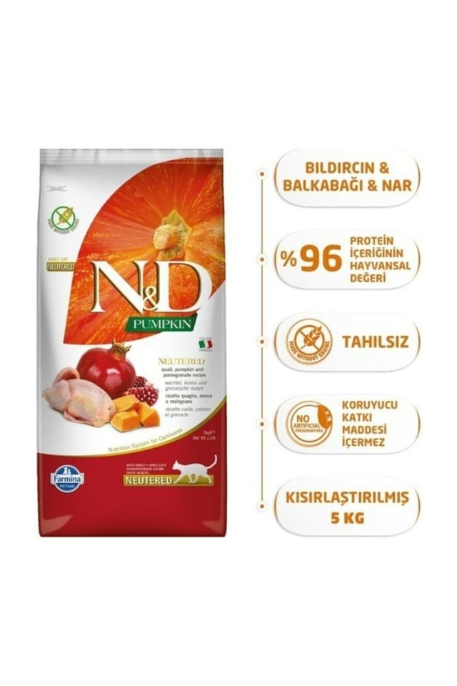 N&D PUMPKIN Tahılsız Bıldırcın, Balkabağı ve Narlı Kısırlaştırılmış Yetişkin Kedi Maması 5 Kg