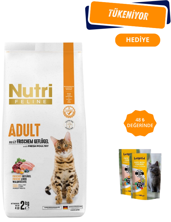 Nutri Glutensiz Kümes Hayvanlı Düşük Tahıllı Yetişkin Kedi Maması 2 Kg