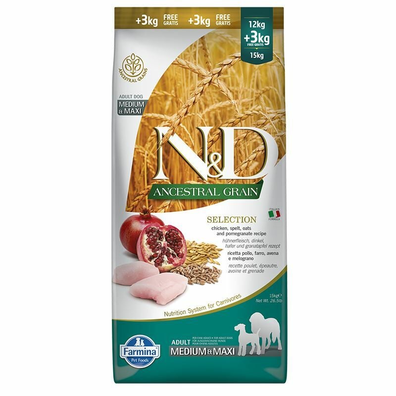 N&D Düşük Tahıllı Tavuk Etli ve Narlı Medium Maxi Yetişkin Kuru Köpek Maması 12+3 Kg