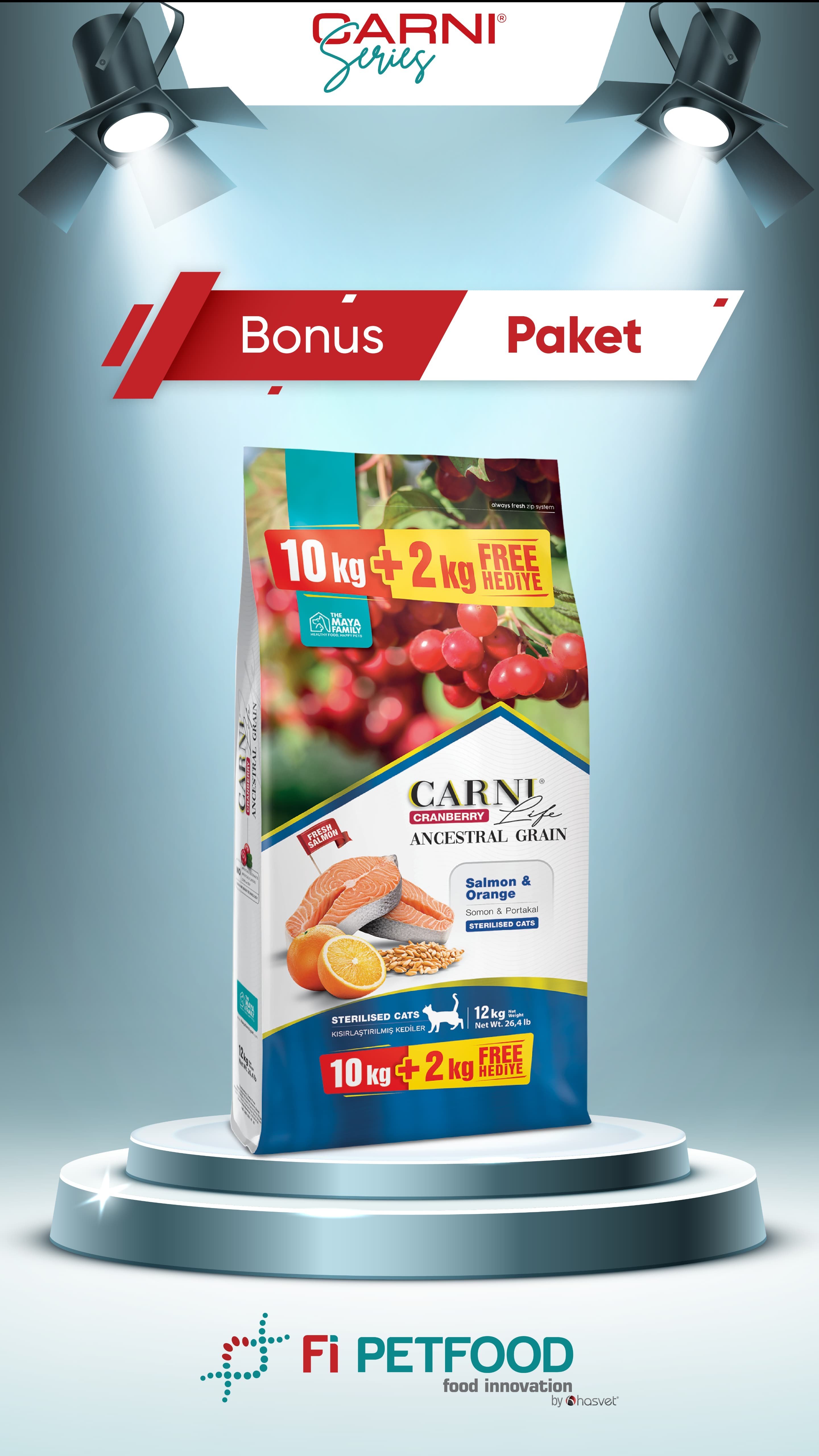 CARNI CARNI LIFE CRANBERRY ANCESTRAL GRAIN KEDI SOMON &PORTAKAL KISIRLASTIRILMIS 10 KG + 2 KG