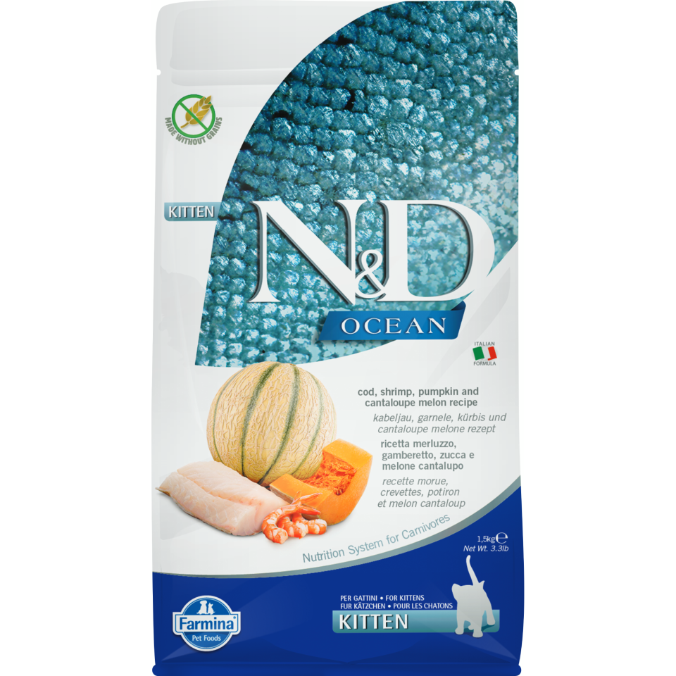 N&D OCEAN Tahılsız Morina Balığı, Bal Kabağı, Karides ve Kavunlu Yavru Kedi Maması 1,5 Kg