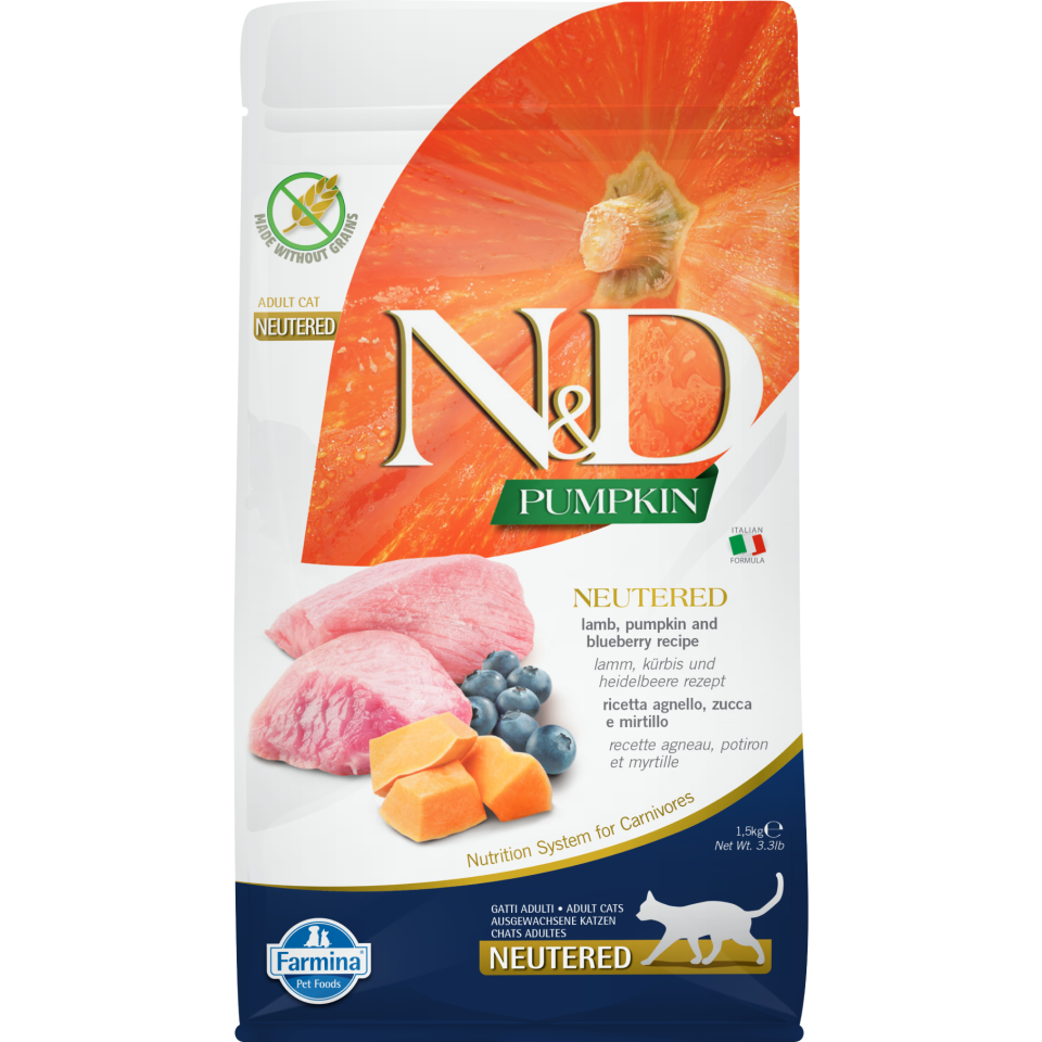 N&D PUMPKIN Tahılsız Bal Kabağı, Kuzu ve Yaban Mersinli Kısırlaştırılmış Yetişkin Kedi Maması 1,5 Kg