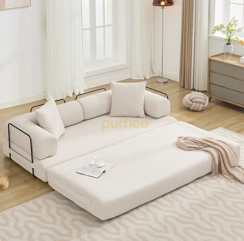 Dönüştürülebilir Yataklı Çekyat,Katlanabilir Yataklı Kanepe,Oturma Odası,L şeklinde Kolçaklı Kanepe krem - 80x160