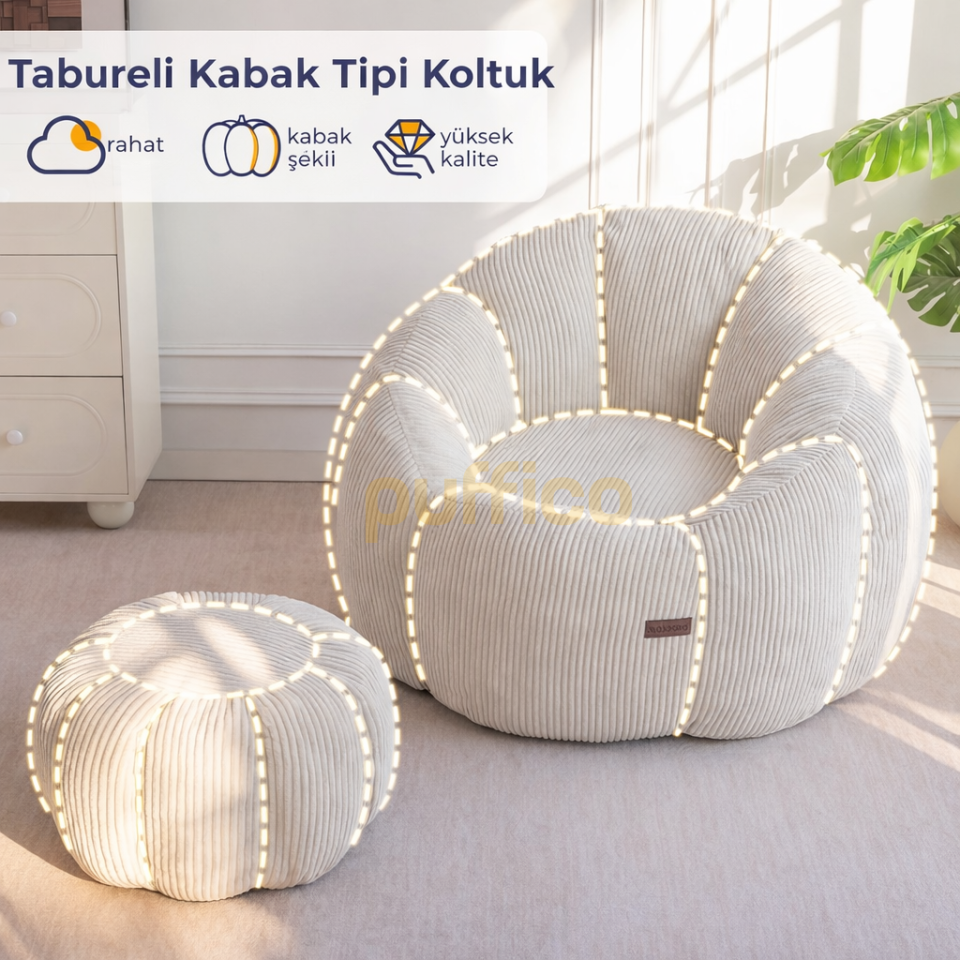 Ergonomik Yer Tipi TV Koltuğu – Yetişkin Armut Puf Berjer 105x80 cm | Modern Salon & Balkon Koltuğu krem