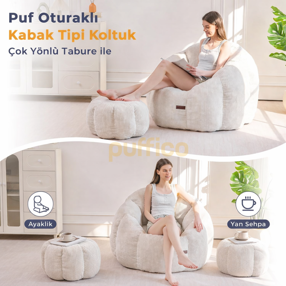 Ergonomik Yer Tipi TV Koltuğu – Yetişkin Armut Puf Berjer 105x80 cm | Modern Salon & Balkon Koltuğu krem