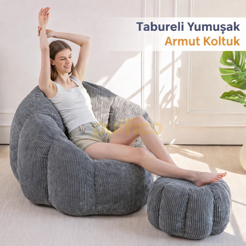 Ergonomik Yer Tipi TV Koltuğu – Yetişkin Armut Puf Berjer 105x80 cm | Modern Salon & Balkon Koltuğu gri
