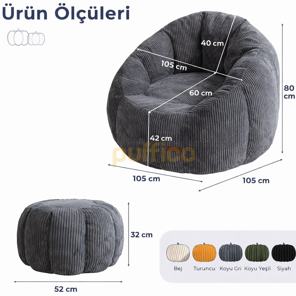 Ergonomik Yer Tipi TV Koltuğu – Yetişkin Armut Puf Berjer 105x80 cm | Modern Salon & Balkon Koltuğu gri