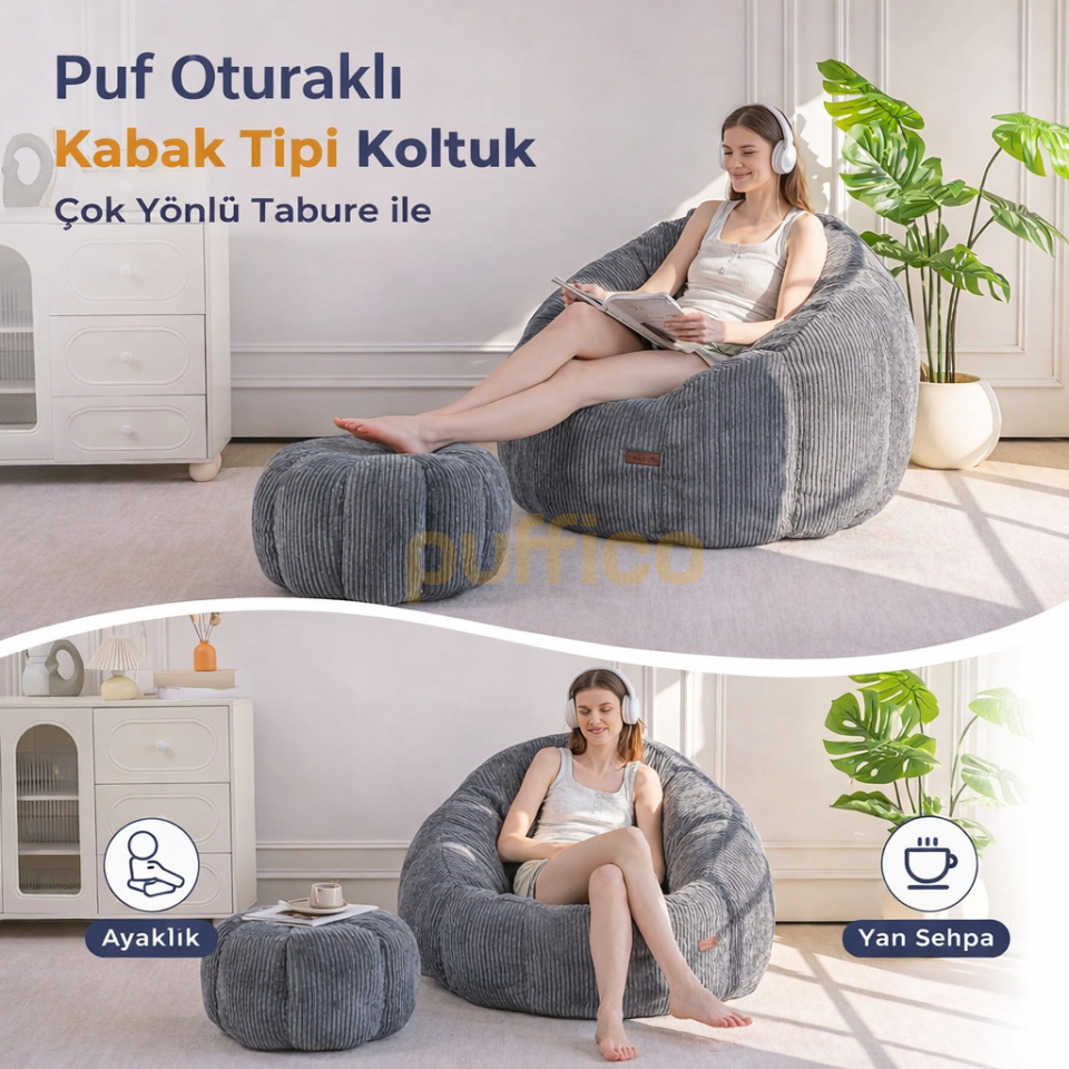 Ergonomik Yer Tipi TV Koltuğu – Yetişkin Armut Puf Berjer 105x80 cm | Modern Salon & Balkon Koltuğu gri