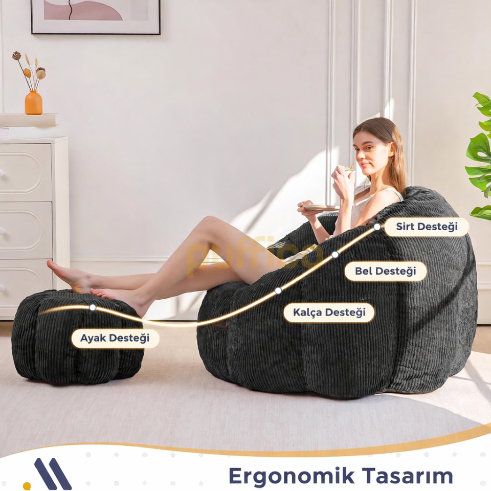 Ergonomik Yer Tipi TV Koltuğu – Yetişkin Armut Puf Berjer 105x80 cm | Modern Salon & Balkon Koltuğu füme