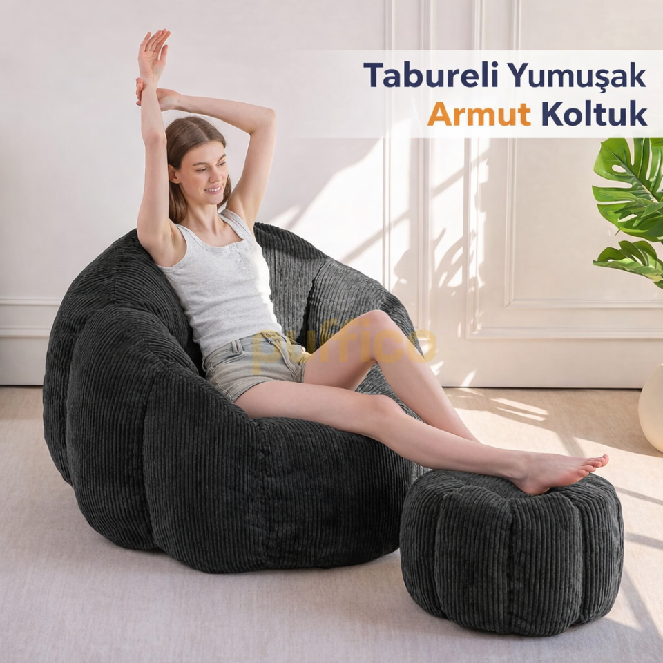 Ergonomik Yer Tipi TV Koltuğu – Yetişkin Armut Puf Berjer 105x80 cm | Modern Salon & Balkon Koltuğu füme