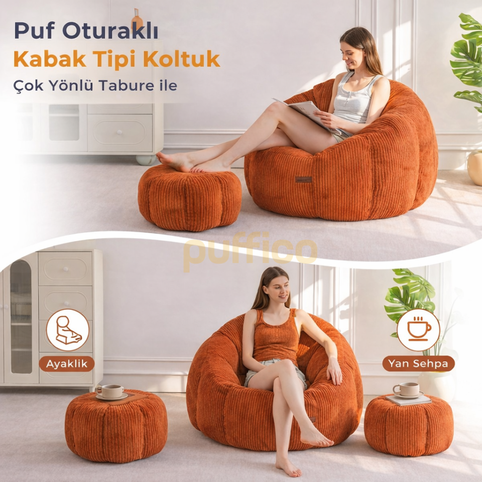 Ergonomik Yer Tipi TV Koltuğu – Yetişkin Armut Puf Berjer 105x80 cm | Modern Salon & Balkon Koltuğu kiremit