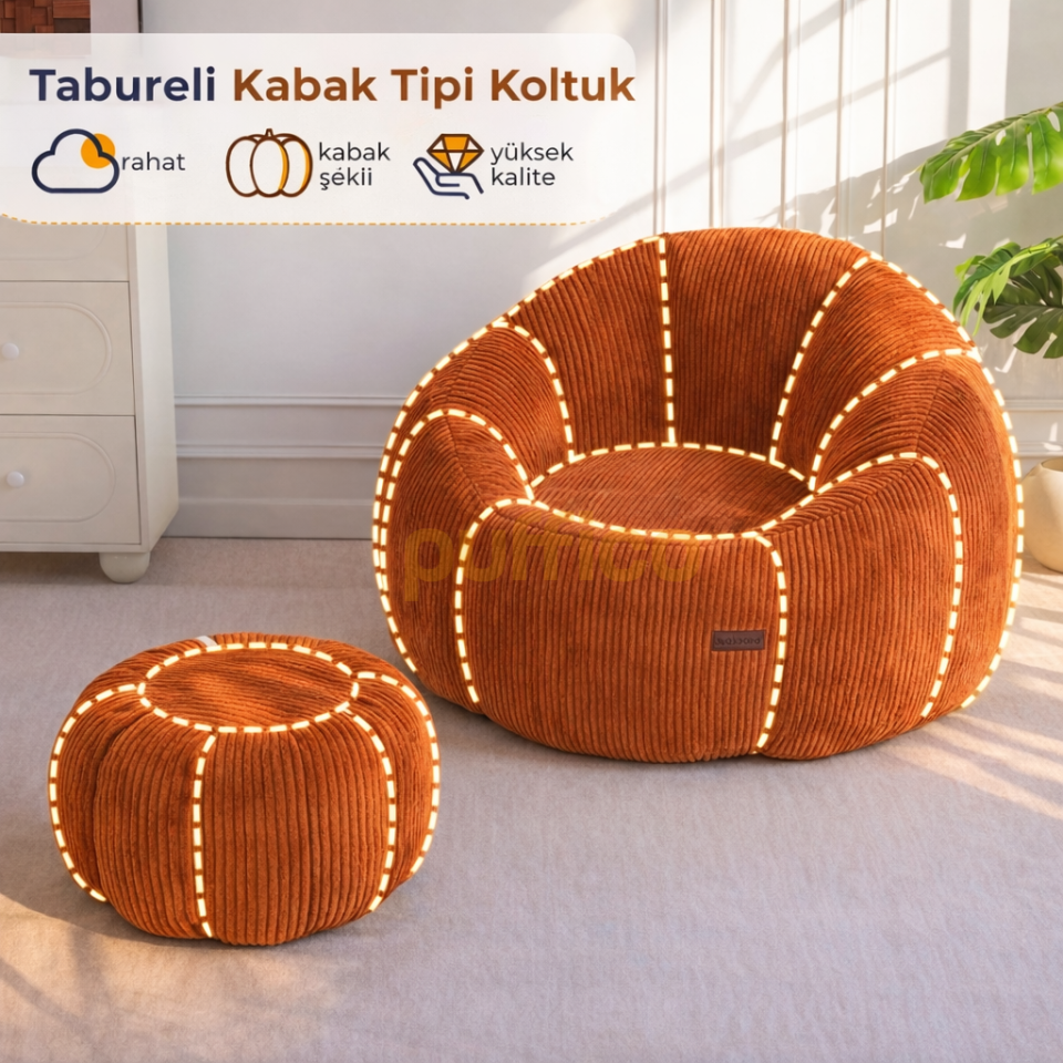 Ergonomik Yer Tipi TV Koltuğu – Yetişkin Armut Puf Berjer 105x80 cm | Modern Salon & Balkon Koltuğu kiremit