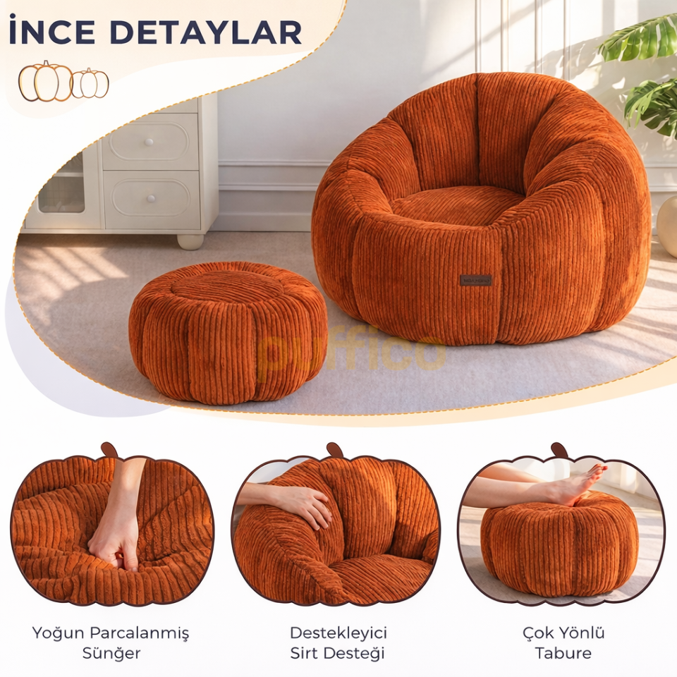 Ergonomik Yer Tipi TV Koltuğu – Yetişkin Armut Puf Berjer 105x80 cm | Modern Salon & Balkon Koltuğu kiremit