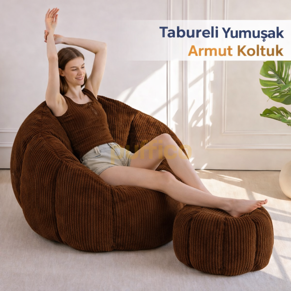 Ergonomik Yer Tipi TV Koltuğu – Yetişkin Armut Puf Berjer 105x80 cm | Modern Salon & Balkon Koltuğu acı kahve