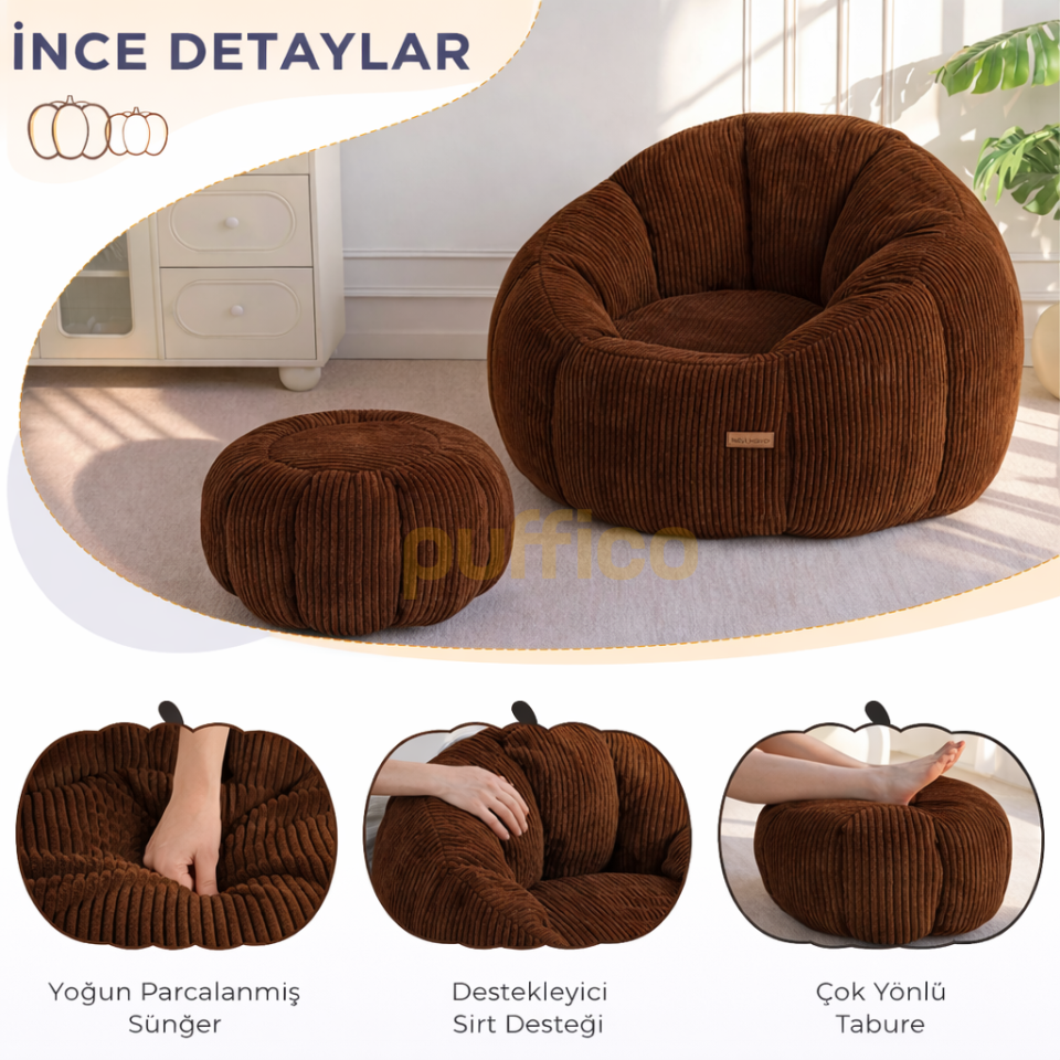 Ergonomik Yer Tipi TV Koltuğu – Yetişkin Armut Puf Berjer 105x80 cm | Modern Salon & Balkon Koltuğu acı kahve