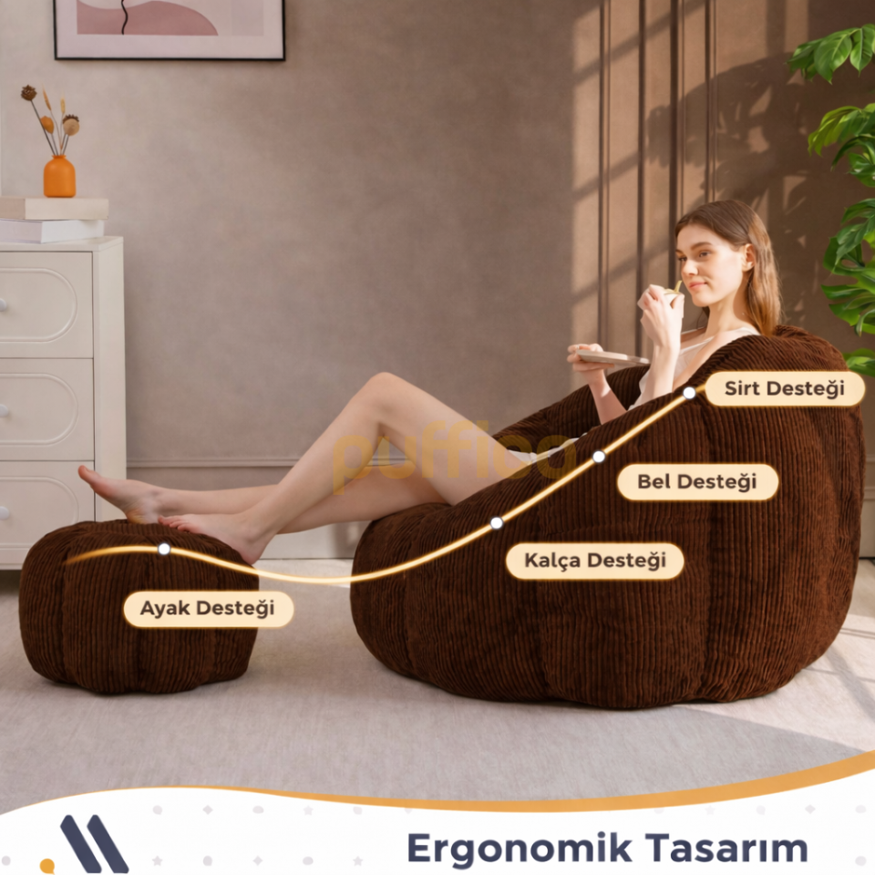 Ergonomik Yer Tipi TV Koltuğu – Yetişkin Armut Puf Berjer 105x80 cm | Modern Salon & Balkon Koltuğu acı kahve