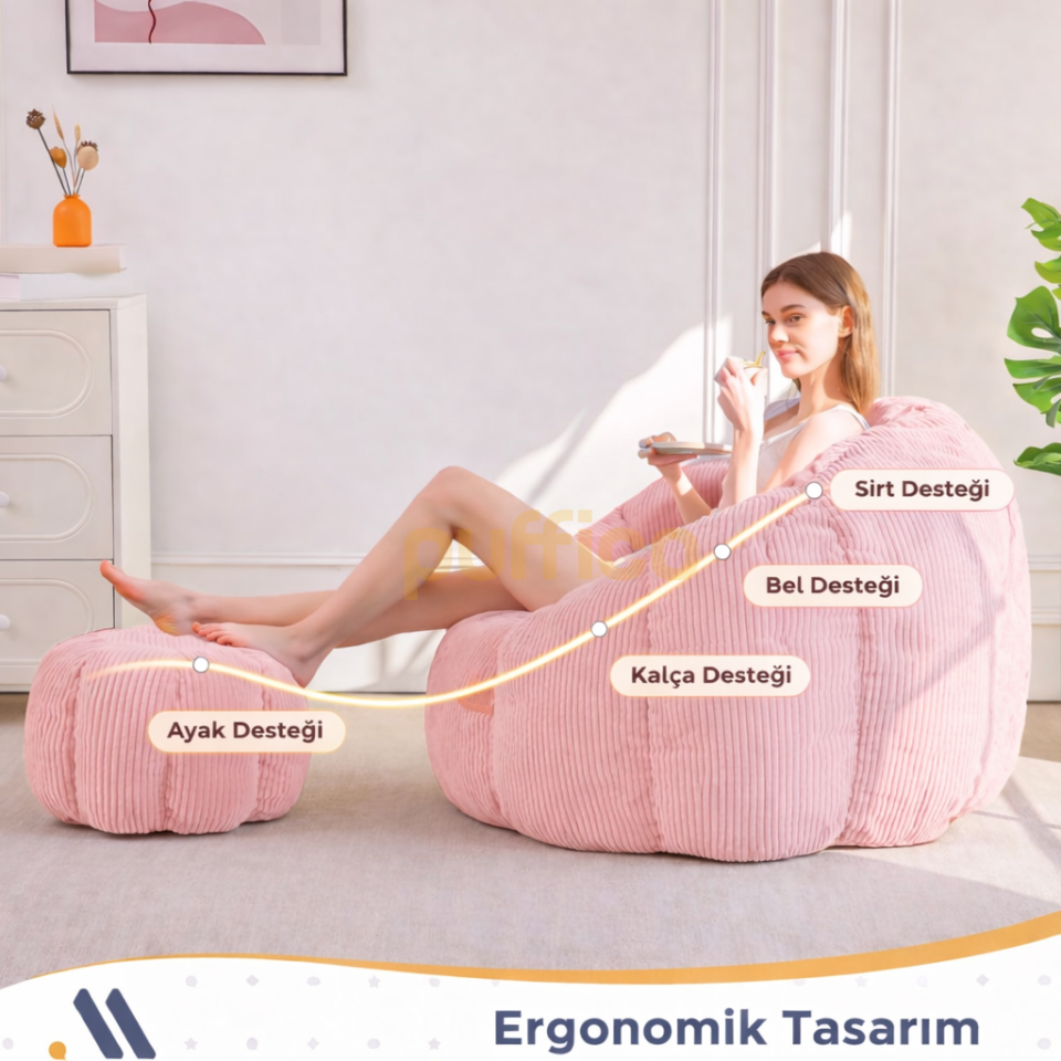 Ergonomik Yer Tipi TV Koltuğu – Yetişkin Armut Puf Berjer 105x80 cm | Modern Salon & Balkon Koltuğu pudra
