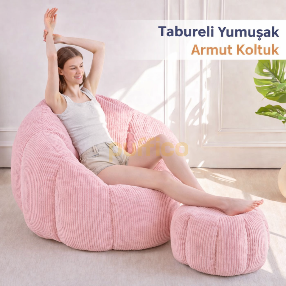 Ergonomik Yer Tipi TV Koltuğu – Yetişkin Armut Puf Berjer 105x80 cm | Modern Salon & Balkon Koltuğu pudra