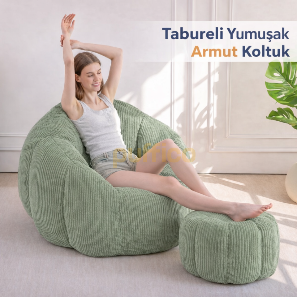 Ergonomik Yer Tipi TV Koltuğu – Yetişkin Armut Puf Berjer 105x80 cm | Modern Salon & Balkon Koltuğu yeşil