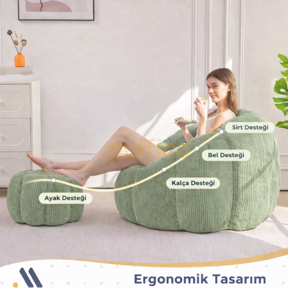 Ergonomik Yer Tipi TV Koltuğu – Yetişkin Armut Puf Berjer 105x80 cm | Modern Salon & Balkon Koltuğu yeşil