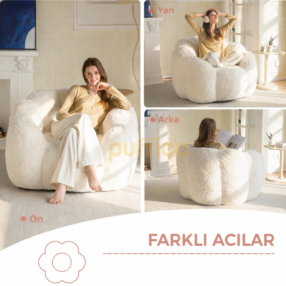 Puf Koltuk Çiçek Tasarımlı Peluş Armut Koltuk Rahat TV ve Okuma Koltuğu 105x80 cm krem