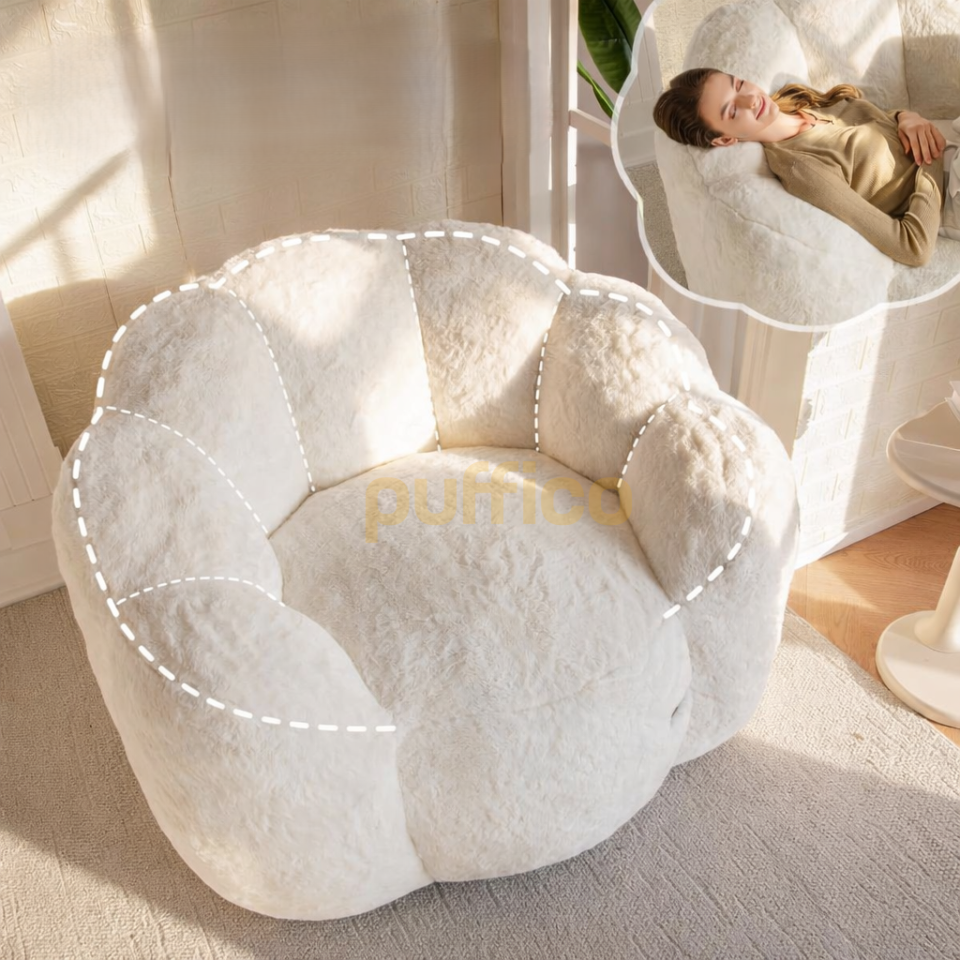 Puf Koltuk Çiçek Tasarımlı Peluş Armut Koltuk Rahat TV ve Okuma Koltuğu 105x80 cm krem