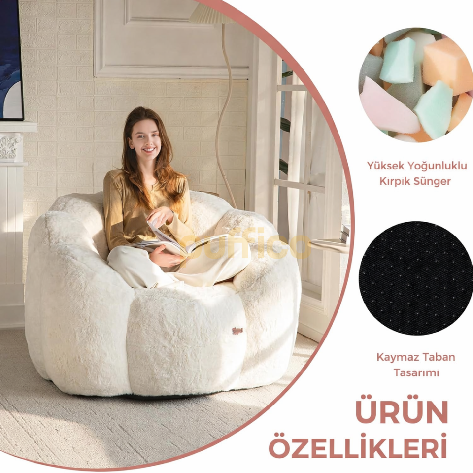 Puf Koltuk Çiçek Tasarımlı Peluş Armut Koltuk Rahat TV ve Okuma Koltuğu 105x80 cm krem