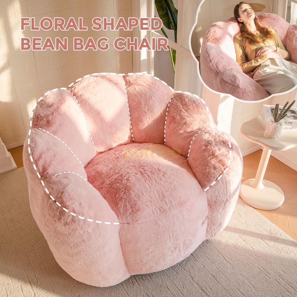 Puf Koltuk Çiçek Tasarımlı Peluş Armut Koltuk Rahat TV ve Okuma Koltuğu 105x80 cm pembe